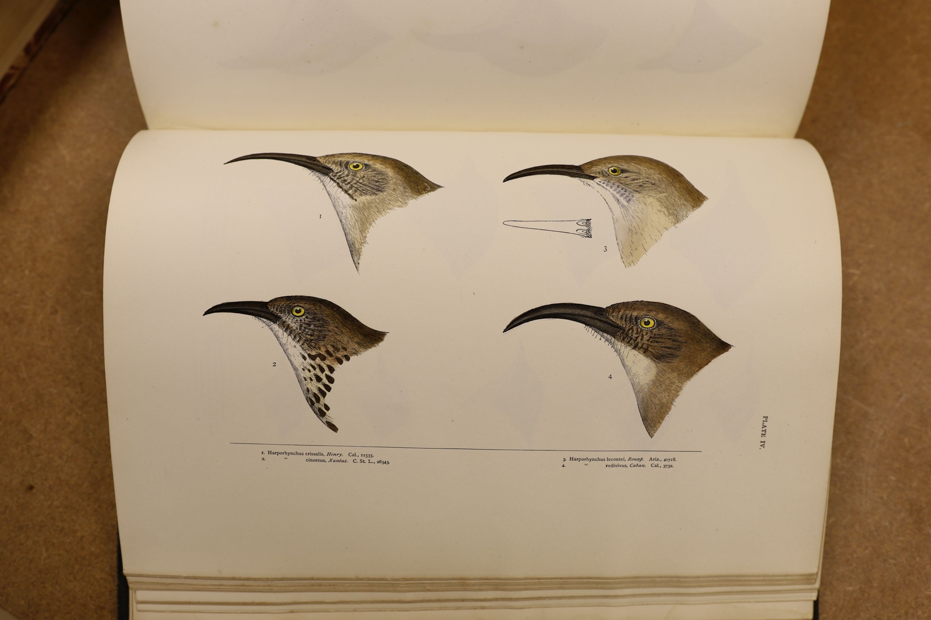 Baird, S.F. & Others - A History of North America Birds: Land Birds, 3 vols., coloured plates and other illus.; old half leather and marbled boards, gilt tops and marbled e/ps., 4to.